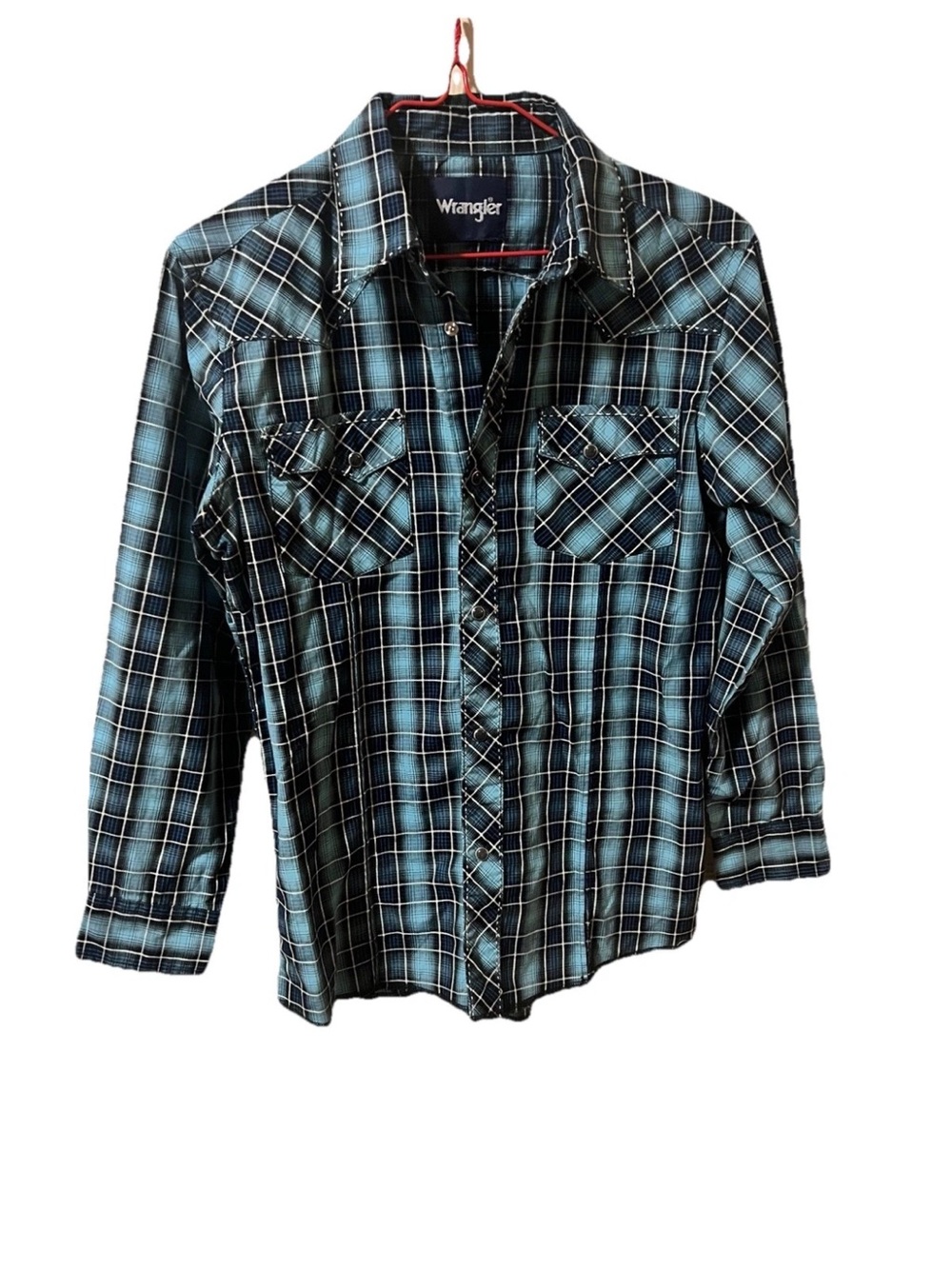 Wrangler Western Cowboy Plaid‎ Pearl Snap Blue Boys XL 14-16 SEE DESCRIPTIOn